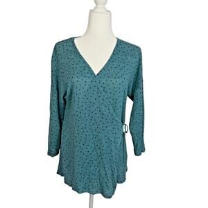 GUDRUN SJODEN Womens Linen Wrap Sweater Blue Green Polka Dot Medium Lightweight